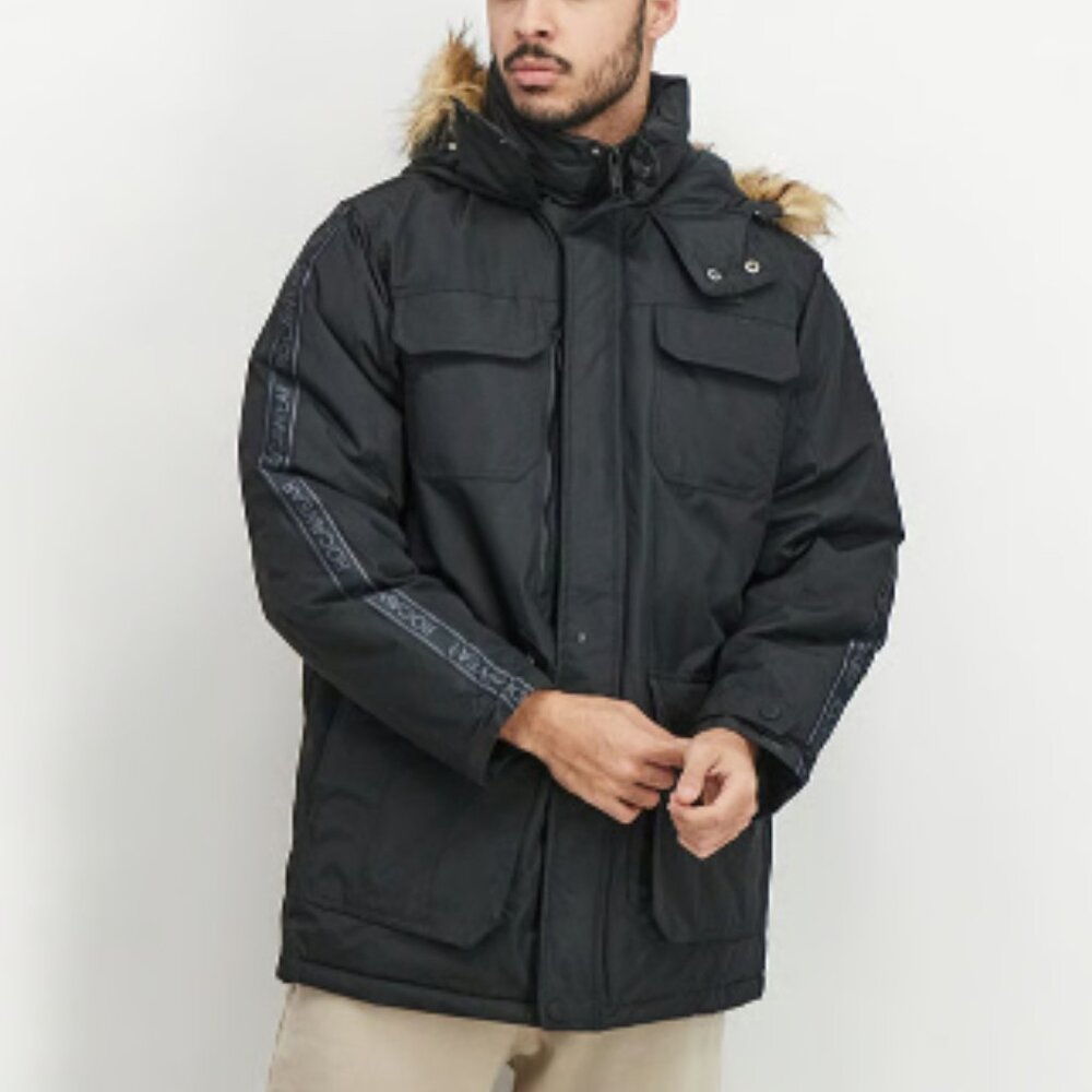 NEW Rocawear Men’s Parka Jacket Black Faux Fur Trim Hood Logo Sleeves Size M